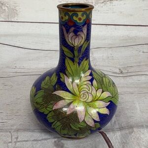 Vintage Blue Chinese Cloisonne Small Floral Bud Vase Miniature 4 1/2" tall